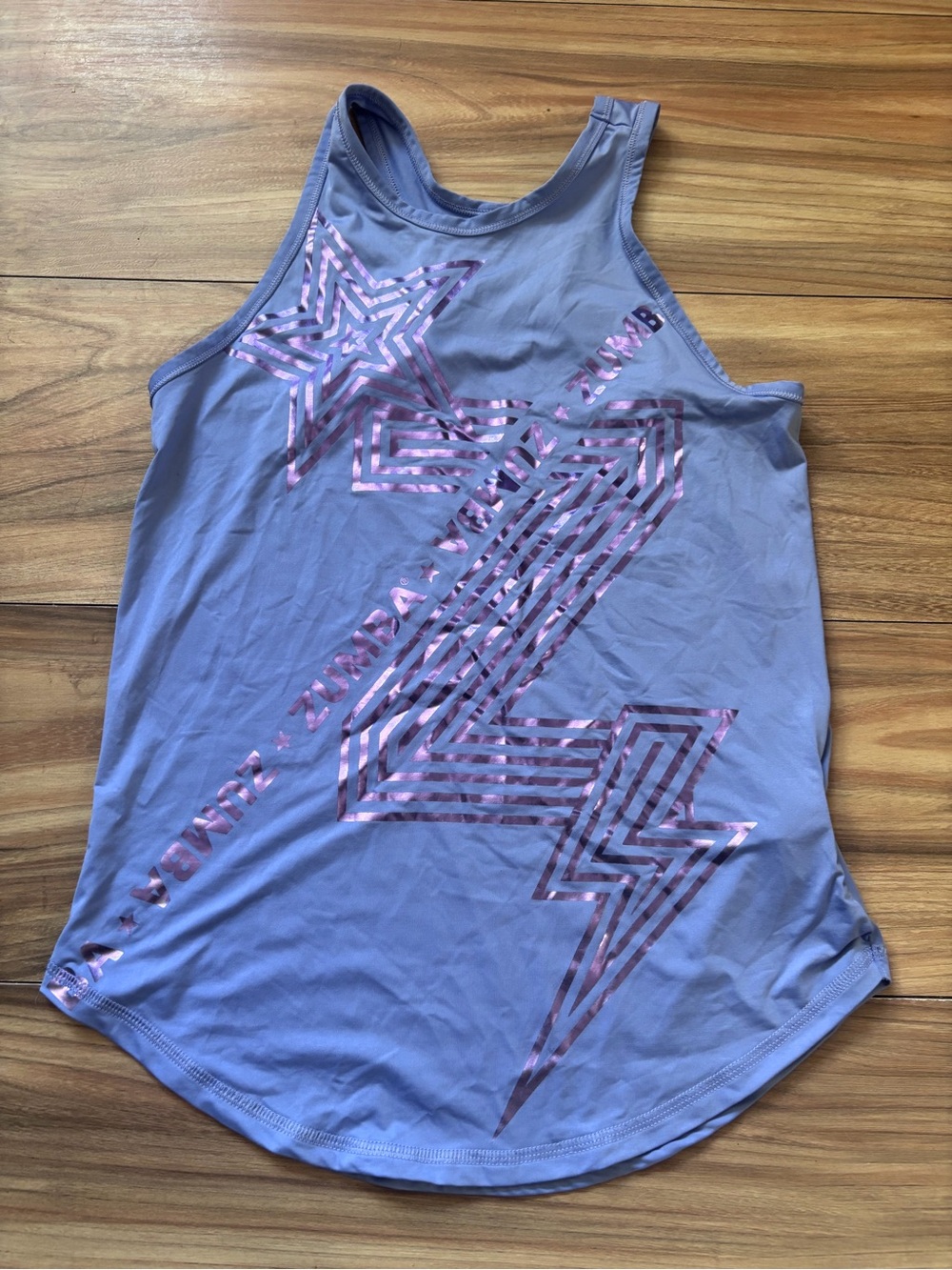 Zumba purple & blue tank top with pink lightning bolt graphic, size XS